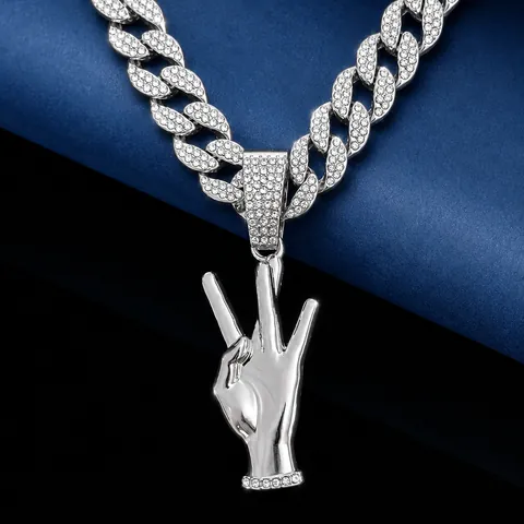 Hip Hop Alloy Three Finger Hand Gesture Pendant Necklace Men Street Rap Iced Out Rhinestone Cuban Chain Gold Silver Plated Jewelry