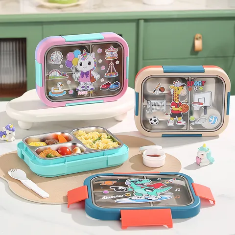 Cartoon Compartmentalized Stainless Steel Lunch Box For Students Office Portable Leak-Proof Bento Box With Lid And Spoon