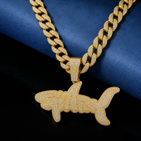Hip Hop Shark Pendant Necklace For Men Alloy Iced Out Rhinestone Alphabet SHARK Pendant With Cuban Link Chain Street Jewelry