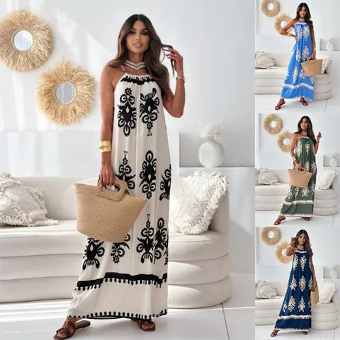 Women Bohemian Floral Print Halter Neck Backless Maxi Dress Ethnic Style A-Line Sleeveless Summer Vacation Sundress