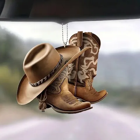 Western Cowboy Hat And Boots Acrylic Car Hanging Ornament Flat Decorative Personalized Rearview Mirror Pendant For Auto Brown