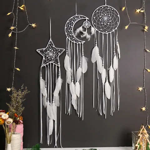 Bohemian Hand-Woven Dream Catcher Wall Hanging With Feather Beads Star Moon Round Geometric Shape For Home Room Decor