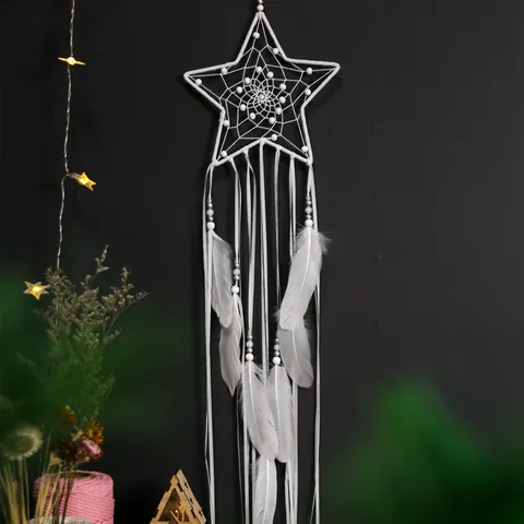 Bohemian Hand-Woven Dream Catcher Wall Hanging With Feather Beads Star Moon Round Geometric Shape For Home Room Decor