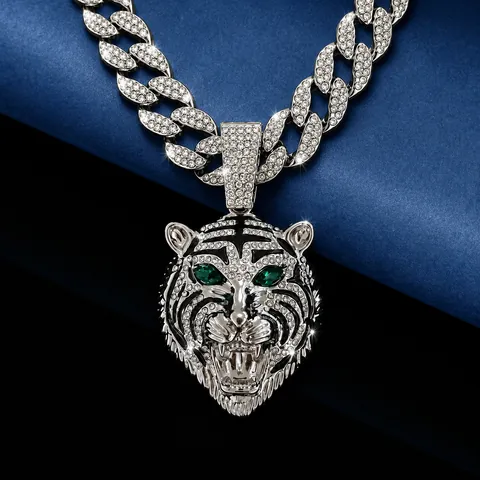 Hip Hop Iced Out Legierung Strass Tigerkopf Anhänger Halskette mit Grünen Augen Panzerkette Schmuck für Herren Gold Silber