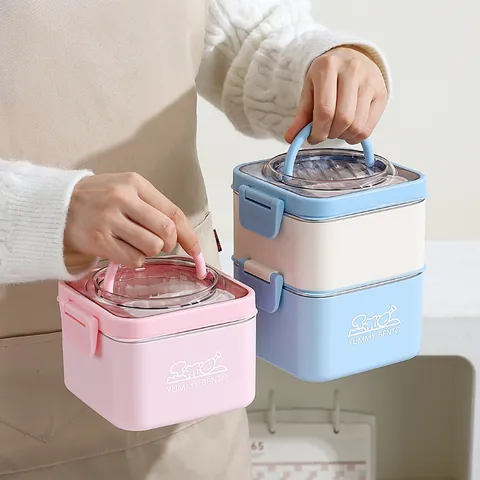 Boîte À Déjeuner Carrée Portable En Acier Inoxydable 304 Avec Poignée Pliante Bento Box À Double Couche Pour Bureau Et Étudiants