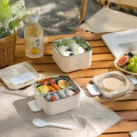 Portapranzo Bento in Acciaio Inossidabile 304 Doppio Strato Contenitore Alimentare Diviso Con Coperchio a Venatura Legno Maniglia
