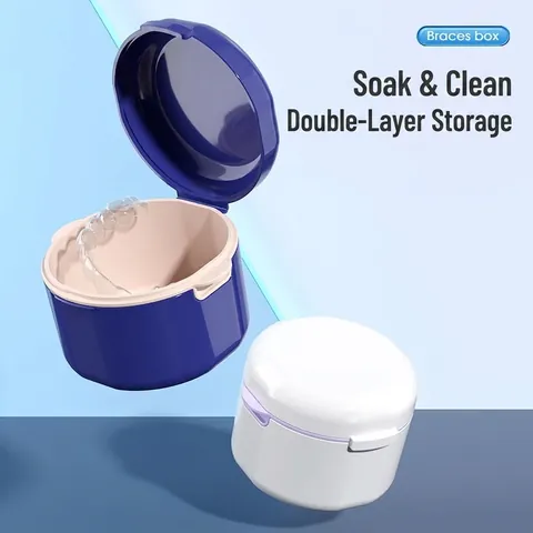 Boîte de Bain Portable pour Prothèse Dentaire Double Couche Étui pour Appareil avec Panier de Nettoyage Orthodontique pour Bagues Invisibles