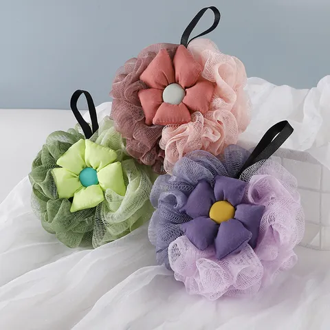 Dual-Color Flower Bath Ball Soft Mesh Shower Sponge For Body Cleaning Exfoliating With Hanging Rope Large For Bathroom