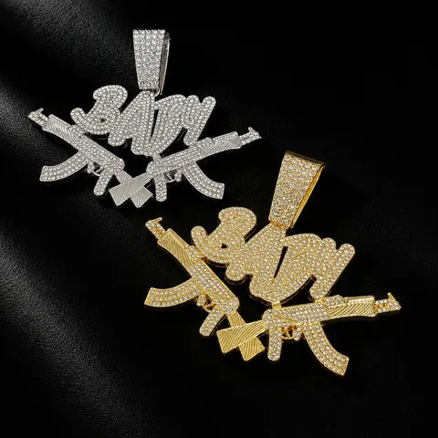 Collier Pendentif Lettre BABY Hip Hop Pour Hommes Double Pistolet Alliage Strass Chaîne à Maillons Cubains Accessoire Bijoux