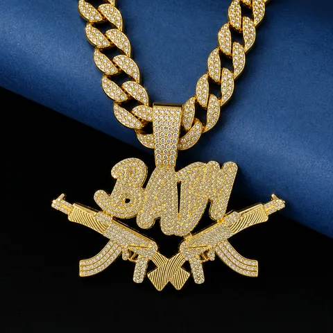 Collier Pendentif Lettre BABY Hip Hop Pour Hommes Double Pistolet Alliage Strass Chaîne à Maillons Cubains Accessoire Bijoux