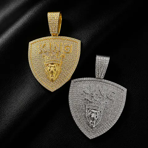 Hip Hop Lion Head Crown Shield KING Pendant Necklace Men Iced Out Rhinestone Alloy Cuban Link Chain Jewelry
