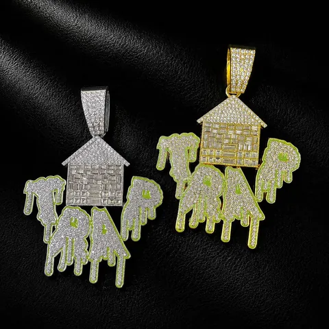Hip Hop Trap House Pendant Necklace For Men Alloy Pave Rhinestone Dripping Oil Alphabet Cuban Link Chain Jewelry Gold Silver