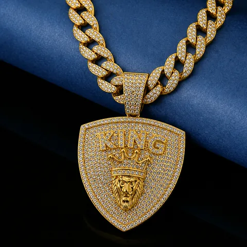 Hip Hop Lion Head Crown Shield KING Pendant Necklace Men Iced Out Rhinestone Alloy Cuban Link Chain Jewelry