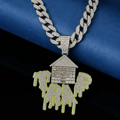 Hip Hop Trap House Pendant Necklace For Men Alloy Pave Rhinestone Dripping Oil Alphabet Cuban Link Chain Jewelry Gold Silver