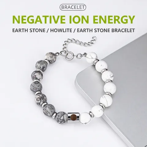 Natürlicher Lavastein Landkartenstein Howlith Perlenarmband Unisex Negative Ionen Energie Sport Verstellbares Titanstahl Armband
