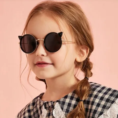 Kids Cat Ear Round Sunglasses Copper Alloy Frame PC Lens UV400 Protection Cute Fashion Eyewear For Boys Girls Outdoor
