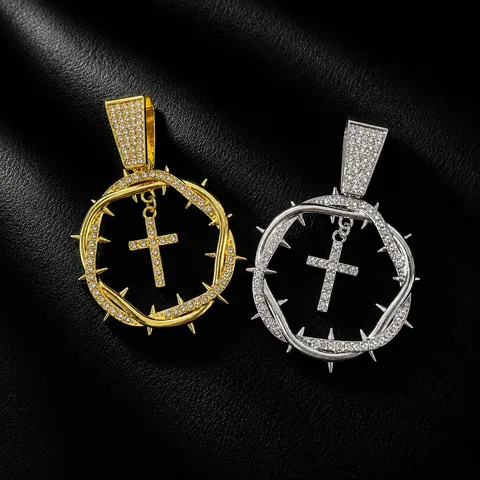 Hiphop Vereiste Kreuz Dornen Kreis Anhänger Halskette Herren Legierung Strass Gold Silber Farbe Hiphop Schmuck Geschenk