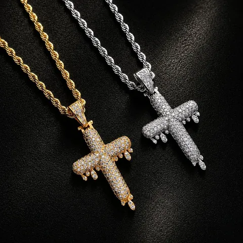 Hip Hop Water Drop Cross Pendant Necklace For Men Iced Out Zirconia Copper Cross Necklace With Stainless Steel Rope Chain