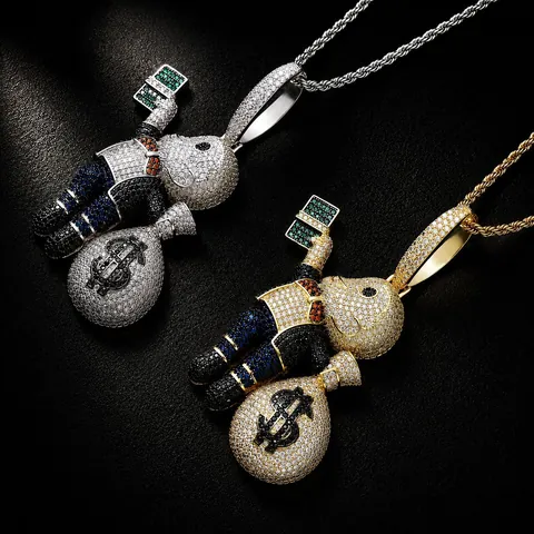 Hip Hop Bald Boy Money Bag Dollar Sign Pendant Necklace Iced Out Copper Zirconia Charm Stainless Steel Rope Chain For Men