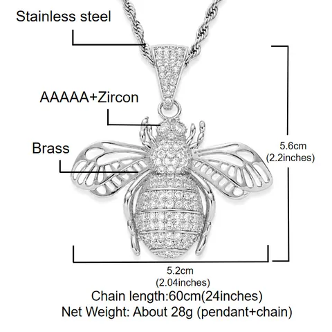 Hip Hop Hommes Cuivre Zirconia Abeille Pendentif Collier Ailes Évidées Plaqué Or Argent Mode Bijoux Cadeau