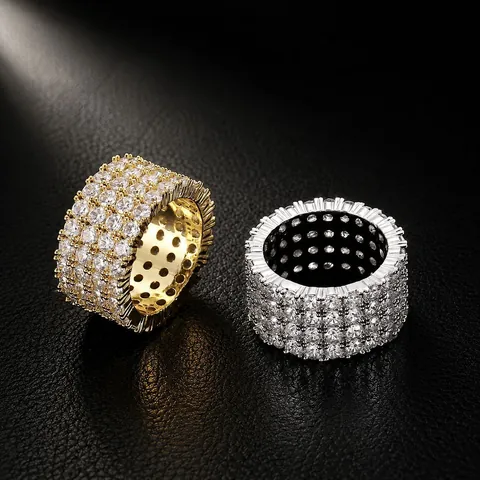 Bague Large Hip Hop pour Hommes Cuivre Plaqué Or Argent Zirconia Incrusté 4 Rangs Iced Out Bijoux Personnalité Cadeau
