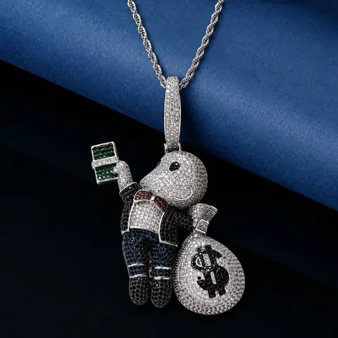 Hip Hop Bald Boy Money Bag Dollar Sign Pendant Necklace Iced Out Copper Zirconia Charm Stainless Steel Rope Chain For Men