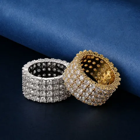 Bague Large Hip Hop pour Hommes Cuivre Plaqué Or Argent Zirconia Incrusté 4 Rangs Iced Out Bijoux Personnalité Cadeau