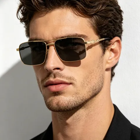 Men's Metal Square Sunglasses Double Bridge Pilot Frame Fashion UV400 Protection Business Casual Driving Fishing Eyewear