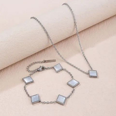 Minimalistisches Geometrisches Quadrat Perlmutt Anhänger Halskette Armband Titanstahl Gold Silber Schmuckset Für Damen