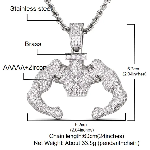 Hip Hop Hercules Muscle Man Pendant Necklace For Men Iced Out Cubic Zirconia Copper Pendant Stainless Steel Twist Chain Hip-hop Jewelry