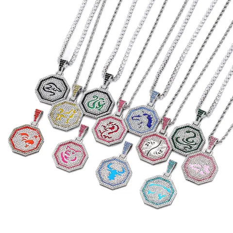 Edelstahl Chinesische Tierkreis Anhänger Halskette Für Damen Herren Iced Out Strass Tier Hiphop Streetwear Modeschmuck