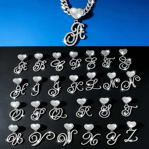 Collana con Ciondolo Alfabeto Iniziale Corsivo Hip Hop Iced Out in Lega di Zinco Strass Catena Cubana Ciondolo a Cuore Gioielli