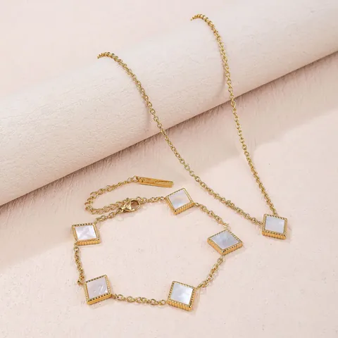 Minimalistisches Geometrisches Quadrat Perlmutt Anhänger Halskette Armband Titanstahl Gold Silber Schmuckset Für Damen