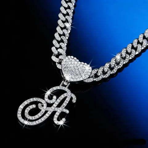 Collana con Ciondolo Alfabeto Iniziale Corsivo Hip Hop Iced Out in Lega di Zinco Strass Catena Cubana Ciondolo a Cuore Gioielli