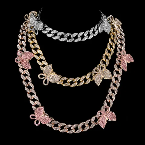 Hip Hop Iced Out Schmetterling Panzerkette Halskette Legierung Strass Y2K Bling Schmuck Für Herren Damen Party Cooles Design