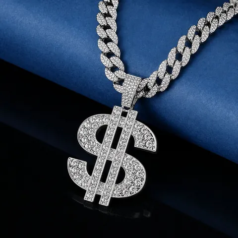 Hip Hop Alloy Rhinestone Dollar Sign Pendant Necklace Iced Out Gold Silver Cuban Chain Rope Chain Men Jewelry Trendy Gift