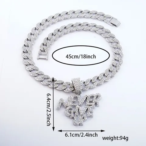 Collar con Colgante de Letras NEVER GIVE UP de Hip Hop con Diamantes de Imitación Aleación Cadena de Eslabones Cubanos para Hombres y Mujeres