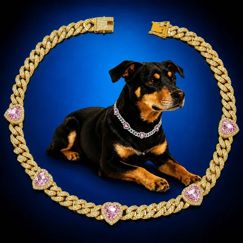 Hip Hop Pet Collar Alloy Rhinestone Cuban Link Chain With Pink Heart Gems For Dogs Cats Iced Out Jewelry Necklace Gold Silver