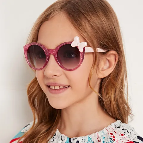 Kids Fashion Glitter Round Sunglasses Sweet Bowtie Transparent Frame Gradient Lenses UV400 Protection Children Eyewear