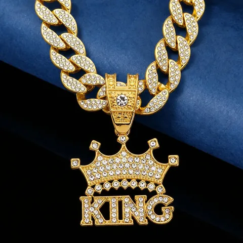 Hip Hop Crown KING Pendant Necklace For Men Zinc Alloy Iced Out Pave Rhinestone Cuban Tennis Twist Chain Street Jewelry