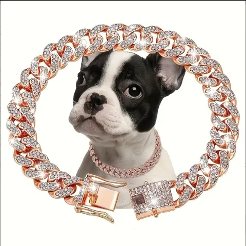 Hip Hop Alloy Iced Out Rhinestone Pet Collar Wide Cuban Link Chain Necklace For Large Medium Small Dogs Cats Jewelry