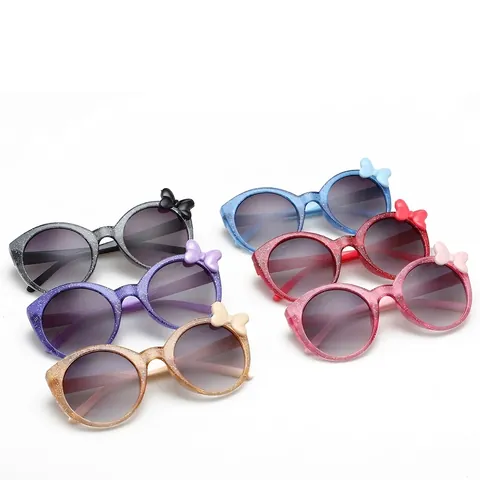 Kids Fashion Glitter Round Sunglasses Sweet Bowtie Transparent Frame Gradient Lenses UV400 Protection Children Eyewear
