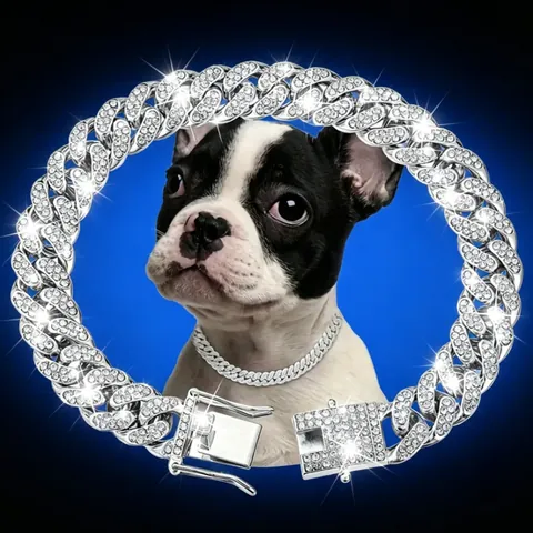 Hip Hop Alloy Iced Out Rhinestone Pet Collar Wide Cuban Link Chain Necklace For Large Medium Small Dogs Cats Jewelry