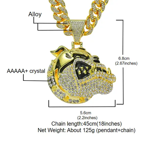 Hip Hop Alloy Rhinestone Bulldog Pendant Necklace For Men Iced Out Crystal Animal Dog Head Pendant Cuban Link Chain Jewelry Gift