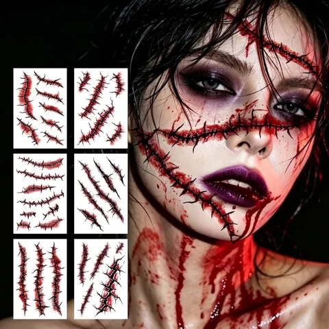 Halloween Scary Realistic Scar Temporary Tattoo Sticker Waterproof Horror Stitch Scratches Wound Makeup Body Art Stickers For Party