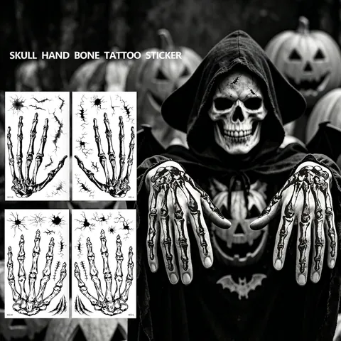 Halloween Skeleton Hand Bone Temporary Tattoo Stickers Waterproof Horror Realistic Skull Scars Body Art For Masquerade Party