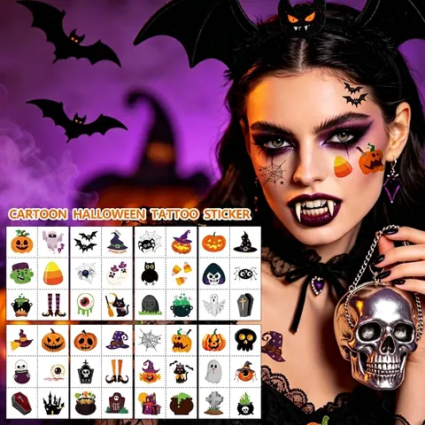 Halloween Cartoon Temporary Tattoo Stickers Waterproof Body Art Pumpkin Spider Ghost Bat Horror Decor For Party Decoration