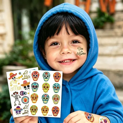 Day-of-the-Dead Gold Foil Temporary Tattoo Stickers Sugar Skull Face Body Art Kids Halloween Party Decor Festival Tattoo Stickers