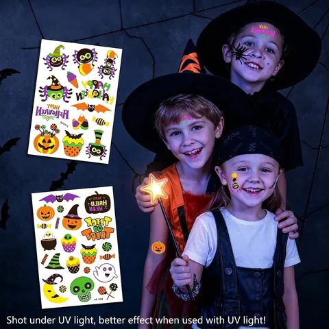 Halloween Luminous Tattoo Stickers For Kids Cartoon Pumpkin Ghost Bat Fluorescent Temporary Tattoos Body Face Decoration