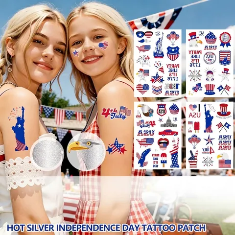 US 250th Independence Day Silver Stamping Temporary Tattoo Stickers Waterproof Patriotic USA Eagle Flag Face Body Decals